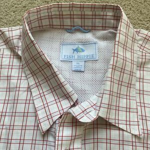 Fish Hippie Performance Button Down Mens Size XL Red/White Plaid Long Sleeve